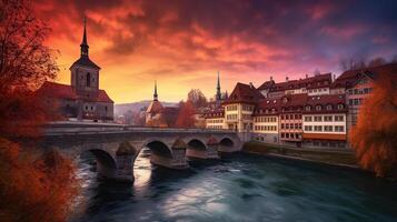 increíble vívido paisaje urbano escénico ver histórico antiguo pueblo de berna ciudad con vistoso cielo, ver en puente terminado aare río y Iglesia torre durante dramático puesta de sol. berna Suiza. generativo ai foto