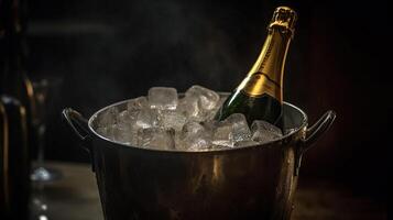 Bottle of champagne in bucket of ice on gold blink blurred background, photo