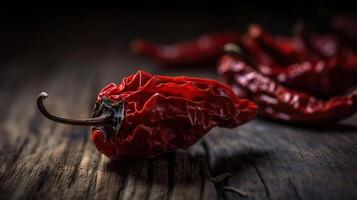 Red dried pepper on a dark wooden background. Selective focus, photo