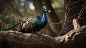 Beautiful peacock sitting on a tree with open feathers, photo