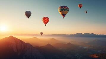 vistoso caliente aire globos volador encima alto montaña a hermosa amanecer, generativo ai foto