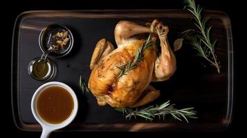 Roasted chicken with rosemary served on black plate with sauces on wooden table, top view, photo