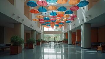 Stylish interior of modern hall with colorful umbrellas, photo