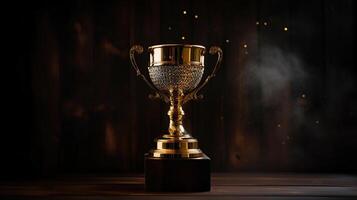 Image of gold trophy over wooden table and dark background, with abstract shiny lights, photo