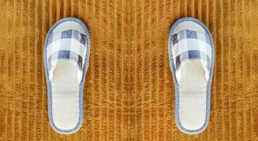 Gray slippers plaid pattern on brown doormat photo