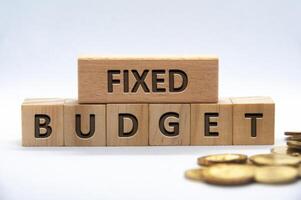 Fixed budget text engraved on wooden blocks on white background cover. Business and budgeting concept photo