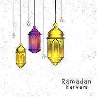 Ramadán kareem concepto con colgando Arábica linternas y estrellas en blanco antecedentes. vector