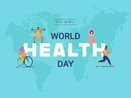 7th April, World Health Day Font With Cartoon People Character In Different Activities On Blue World Map Background. vector