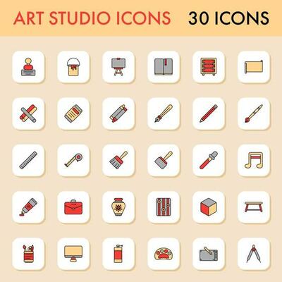 Flat Style Art Studio Colorful Icon Or Symbol Set.