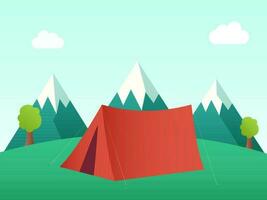 Red Camping Tent With Mountains And Trees On Green Background. vector