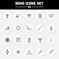 Black Line Art Boho Icon Set On White Circle Background. vector