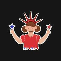 Sticker Style Statue Liberty Hat Wearing Cheerful Girl With Holding Fireworks Stick Over Black Background. vector