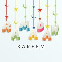 3D Colorful Ramadan Font With Islamic Ornaments Hang Decorated On White Background. vector