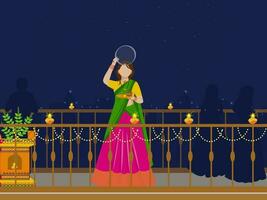 Indian Hindu Festival Karwa Chauth Concept with Young Woman Performing Ritual in the Night vector