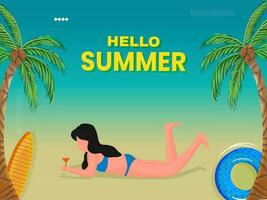 Hello Summer Poster Design With Female Swimmer Enjoying Drink On Beack Side Background. vector