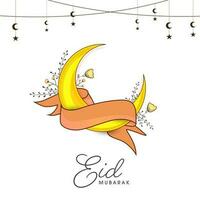 eid Mubarak saludo tarjeta con creciente luna, ondulado cinta, floral, estrella decorado en blanco antecedentes. vector