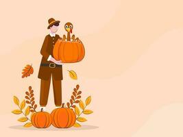 Thanks Giving Festival Concept, Pilgrim Man Holding Big Pumpkin and Turkey Bird Peeping Out,  Pumpkins, and Autumn Leaves. vector