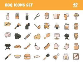 Flat Style BBQ 40 Icon Set On White Background. vector