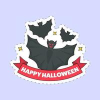 Sticker Style Happy Halloween Font With Flying Bats On Blue Background. vector