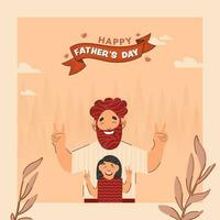 Happy Father's Day Concept With Cheerful Beard Man And His Daughter Giving Peace Sign On Peach Background. vector