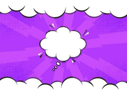 Purple Lightning Bolts Rays Background With Halftone Effect, Clouds And Copy Space.