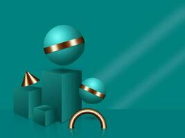 3D Geometric Shape Elements On Dark Cyan Background, Abstract Concept. vector