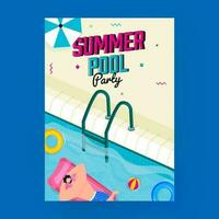 Summer Pool Party Flyer Design With Top View Of Swimmer Male Lying At Inflatable Bed At Swimming Pool. vector