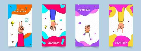 Social Media Template Or Flyer Design With Different Poses Of Hands On Abstract Background For International Youth Day. vector