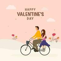 ilustración de joven chico montando bicicleta con su novia, flor plantas en blanco y rosado antecedentes para contento San Valentín día concepto. vector