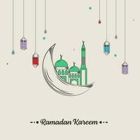 Doodle Style Crescent Moon With Mosque, Hanging Stars And Lanterns Decorated On Gray Background For Ramadan Kareem Concept. vector