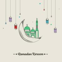 Doodle Style Crescent Moon With Mosque, Hanging Stars And Lanterns Decorated On Gray Background For Ramadan Kareem Concept. vector