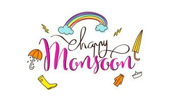 Happy Monsoon Calligraphy With Rainbow, Clouds, Umbrella, Boot, Raincoat, Paper Boat And Lightning Bolts On White Background. vector