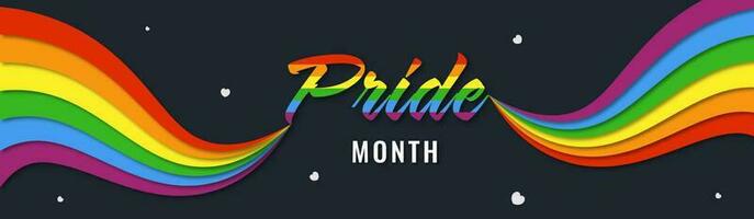 Pride Month Lettering With Paper Cut Rainbow Stripe Wavy Against Dark Gray Background. vector