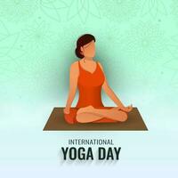 International Yoga Day Concept With Faceless Young Lady Meditating At Mat On White And Cyan Background. vector