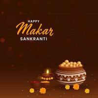 Makar Sankranti Celebration Concept With Clay Pot Full Of Indian Sweets, Lit Oil Lamp, Marigold Flowers, Turmeric And Kumkum Powder On Brown Bokeh Blur Background. vector
