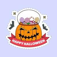 Sticker Style Happy Halloween Font With Scary Pumpkin Basket Full Of Candies And Flying Bats On Blue Background. vector