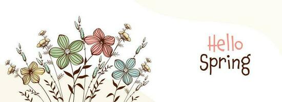 Hello Spring Banner Or Header Design Decorated With Beautiful Floral On White Background. vector