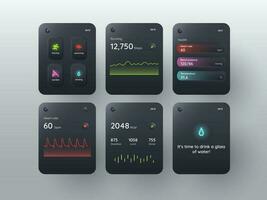 aptitud aplicación ui, ux pantallas para inteligente relojes con múltiple rastreo opciones médico y tecnología concepto. neón Encendiendo. vector