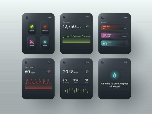 Fitness app UI, UX screens for smart watches with multiple tracking options. Medical and Technology Concept. Neon Lighting.