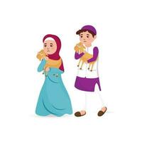 Islamic Young Couple Holding Goats In Walking Pose. vector