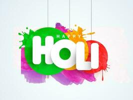 White Happy Holi Font With Brush Effect Colorful Round Tag Or Label Hang On Pastel Blue And Pink Background. vector