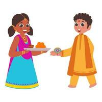 Cute Sister And Brother Celebrating Rakhi Festival On White Background. vector