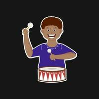 Cheerful Little Boy Playing Drum Over Black Background. vector