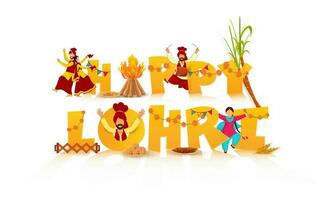 Yellow Happy Lohri Font With Bonfire, Sugarcane, Music Instrument, Sweet Plates, Wheat Ear And Punjabi People Doing Bhangra On White Background. vector