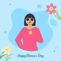 Happy Women's Day Poster Design With Young Girl Hand Gesture As Fist On Chest To Show Strength On Blue Background. vector