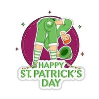 Sticker Style Happy St. Patrick's Day Font With Cartoon Leprechaun Man Bending Over Look On White Background. vector