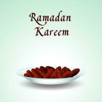 Ramadan Kareem Celebration Concept With Dates Fruit In Plate On Glossy Light Blue Background. vector