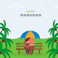 Happy Monsoon Poster Design With Back View Of Young Couple Sitting At Bench Under Umbrella And Coconut Trees On Rainfall Background. vector