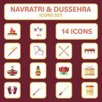 Flat Style Navaratri Worship Day Of Goddess Maa Icon Set On Maroon Color. vector