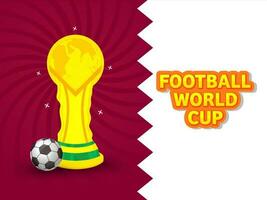 Sticker Style Football World Cup Font With Winning Trophy, Realistic Ball On White And Red Rays Background. vector